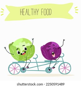 Illustration with funny characters cabbage, red cabbage. Funny and healthy food. Vitamins, cute face food, ingredients, vegetarianism, vector cartoon, antioxidant.