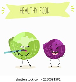 Illustration with funny characters cabbage, red cabbage. Funny and healthy food. Vitamins, cute face food, ingredients, vegetarianism, vector cartoon, antioxidant.