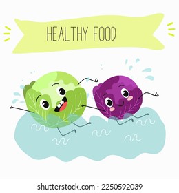 Illustration with funny characters cabbage, red cabbage. Funny and healthy food. Vitamins, cute face food, ingredients, vegetarianism, vector cartoon, antioxidant.