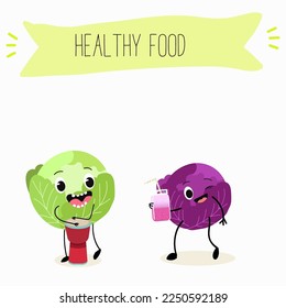 Illustration with funny characters cabbage, red cabbage. Funny and healthy food. Vitamins, cute face food, ingredients, vegetarianism, vector cartoon, antioxidant.