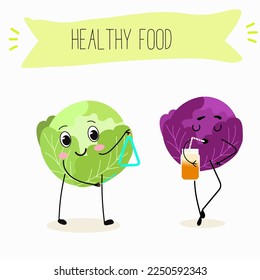 Illustration with funny characters cabbage, red cabbage. Funny and healthy food. Vitamins, cute face food, ingredients, vegetarianism, vector cartoon, antioxidant.