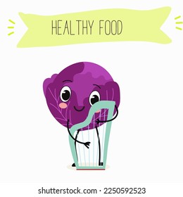 Illustration with funny characters cabbage, red cabbage. Funny and healthy food. Vitamins, cute face food, ingredients, vegetarianism, vector cartoon, antioxidant.