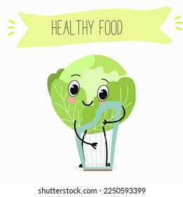 Illustration with funny characters cabbage, red cabbage. Funny and healthy food. Vitamins, cute face food, ingredients, vegetarianism, vector cartoon, antioxidant.