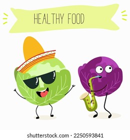 Illustration with funny characters cabbage, red cabbage. Funny and healthy food. Vitamins, cute face food, ingredients, vegetarianism, vector cartoon, antioxidant.