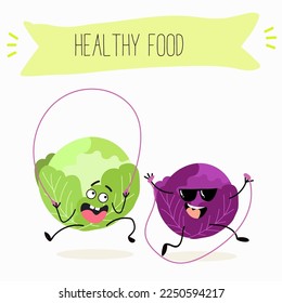 Illustration with funny characters cabbage, red cabbage. Funny and healthy food. Vitamins, cute face food, ingredients, vegetarianism, vector cartoon, antioxidant.