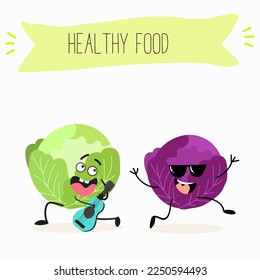 Illustration with funny characters cabbage, red cabbage. Funny and healthy food. Vitamins, cute face food, ingredients, vegetarianism, vector cartoon, antioxidant.