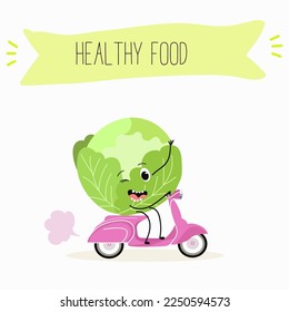 Illustration with funny characters cabbage, red cabbage. Funny and healthy food. Vitamins, cute face food, ingredients, vegetarianism, vector cartoon, antioxidant.