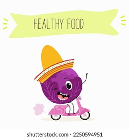 Illustration with funny characters cabbage, red cabbage. Funny and healthy food. Vitamins, cute face food, ingredients, vegetarianism, vector cartoon, antioxidant.