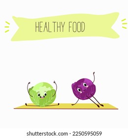 Illustration with funny characters cabbage, red cabbage. Funny and healthy food. Vitamins, cute face food, ingredients, vegetarianism, vector cartoon, antioxidant.