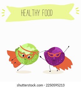 Illustration with funny characters cabbage, red cabbage. Funny and healthy food. Vitamins, cute face food, ingredients, vegetarianism, vector cartoon, antioxidant.