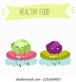 Illustration with funny characters cabbage, red cabbage. Funny and healthy food. Vitamins, cute face food, ingredients, vegetarianism, vector cartoon, antioxidant.