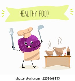 Illustration with funny characters cabbage, red cabbage. Funny and healthy food. Vitamins, cute face food, ingredients, vegetarianism, vector cartoon, antioxidant.