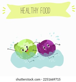 Illustration with funny characters cabbage, red cabbage. Funny and healthy food. Vitamins, cute face food, ingredients, vegetarianism, vector cartoon, antioxidant.