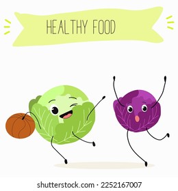 Illustration with funny characters cabbage, red cabbage. Funny and healthy food. Vitamins, cute face food, ingredients, vegetarianism, vector cartoon, antioxidant.