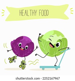 Illustration with funny characters cabbage, red cabbage. Funny and healthy food. Vitamins, cute face food, ingredients, vegetarianism, vector cartoon, antioxidant.