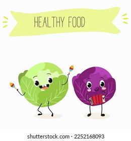 Illustration with funny characters cabbage, red cabbage. Funny and healthy food. Vitamins, cute face food, ingredients, vegetarianism, vector cartoon, antioxidant.