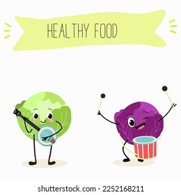 Illustration with funny characters cabbage, red cabbage. Funny and healthy food. Vitamins, cute face food, ingredients, vegetarianism, vector cartoon, antioxidant.