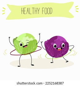 Illustration with funny characters cabbage, red cabbage. Funny and healthy food. Vitamins, cute face food, ingredients, vegetarianism, vector cartoon, antioxidant.