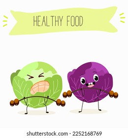 Illustration with funny characters cabbage, red cabbage. Funny and healthy food. Vitamins, cute face food, ingredients, vegetarianism, vector cartoon, antioxidant.