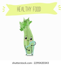 Illustration with funny characters celery with green leaves, stalks, parsley, garnish greenery,spice,   Funny and healthy food. Vitamins, salad, cute face food, ingredients, vegetarian, vector cartoon