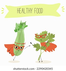 Ilustración con personajes divertidos apio con hojas verdes, tallos, perejil, vegetación de guarnición, especias,   Comida divertida y saludable. Vitaminas, ensalada, lindos alimentos faciales, ingredientes, vegetarianos, dibujos vectoriales