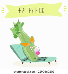 Ilustración con personajes divertidos apio con hojas verdes, tallos, perejil, vegetación de guarnición, especias,   Comida divertida y saludable. Vitaminas, ensalada, lindos alimentos faciales, ingredientes, vegetarianos, dibujos vectoriales
