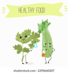 Illustration with funny characters celery with green leaves, stalks, parsley, garnish greenery,spice,   Funny and healthy food. Vitamins, salad, cute face food, ingredients, vegetarian, vector cartoon