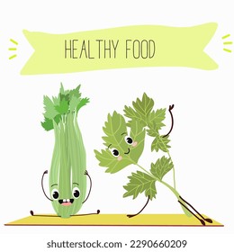 Illustration with funny characters celery with green leaves, stalks, parsley, garnish greenery,spice,   Funny and healthy food. Vitamins, salad, cute face food, ingredients, vegetarian, vector cartoon