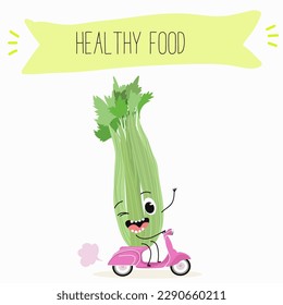 Illustration with funny characters celery with green leaves, stalks, parsley, garnish greenery,spice,   Funny and healthy food. Vitamins, salad, cute face food, ingredients, vegetarian, vector cartoon