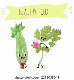 Illustration with funny characters celery with green leaves, stalks, parsley, garnish greenery,spice,   Funny and healthy food. Vitamins, salad, cute face food, ingredients, vegetarian, vector cartoon