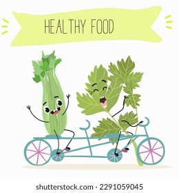 Illustration with funny characters celery with green leaves, stalks, parsley, garnish greenery,spice,   Funny and healthy food. Vitamins, salad, cute face food, ingredients, vegetarian, vector cartoon