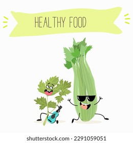 Illustration with funny characters celery with green leaves, stalks, parsley, garnish greenery,spice,   Funny and healthy food. Vitamins, salad, cute face food, ingredients, vegetarian, vector cartoon