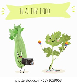 Illustration with funny characters celery with green leaves, stalks, parsley, garnish greenery,spice,   Funny and healthy food. Vitamins, salad, cute face food, ingredients, vegetarian, vector cartoon