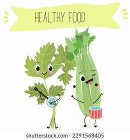 Illustration with funny characters celery with green leaves, stalks, parsley, garnish greenery,spice,   Funny and healthy food. Vitamins, salad, cute face food, ingredients, vegetarian, vector cartoon