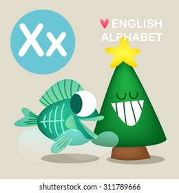 Illustration with funny characters. Children's alphabet. Kids colorful vegetable and animals in vector. 