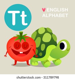 Illustration with funny characters. Children's alphabet. Kids colorful vegetable and animals in vector. 