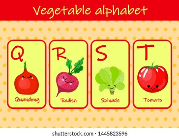 Illustration with funny characters. Children's font in cartoon style VEGETABLES . Set of multicolored bright letters for inscriptions AND TRAINING. Vector illustration of the alphabet..
