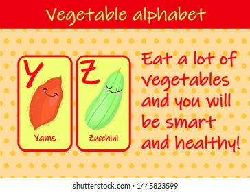 Illustration with funny characters. Children's font in cartoon style VEGETABLES . Set of multicolored bright letters for inscriptions AND TRAINING. Vector illustration of the alphabet..

