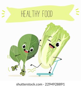 Illustration with funny characters Chinese cabbage, lettuce,  cabbage,peking,  spinach. Funny and healthy food. Vitamins, salad, cute face food, ingredients, vegetarian, vector cartoon, agriculture.