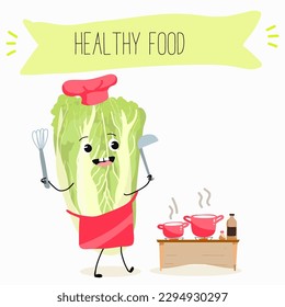 Illustration with funny characters Chinese cabbage, lettuce,  cabbage,peking,  spinach. Funny and healthy food. Vitamins, salad, cute face food, ingredients, vegetarian, vector cartoon, agriculture.