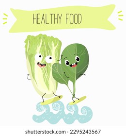 Illustration with funny characters Chinese cabbage, lettuce,  cabbage, peking, spinach. Funny and healthy food. Vitamins, salad, cute face food, ingredients, vegetarian, vector cartoon, agriculture.