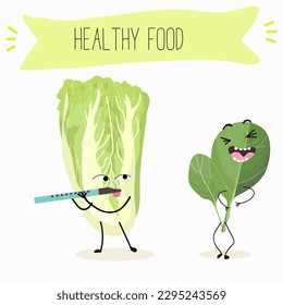 Illustration with funny characters Chinese cabbage, lettuce,  cabbage, peking, spinach. Funny and healthy food. Vitamins, salad, cute face food, ingredients, vegetarian, vector cartoon, agriculture.