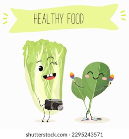 Illustration with funny characters Chinese cabbage, lettuce,  cabbage, peking, spinach. Funny and healthy food. Vitamins, salad, cute face food, ingredients, vegetarian, vector cartoon, agriculture.