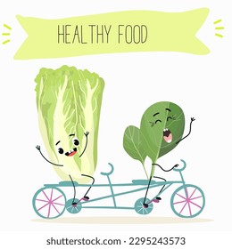 Illustration with funny characters Chinese cabbage, lettuce,  cabbage, peking, spinach. Funny and healthy food. Vitamins, salad, cute face food, ingredients, vegetarian, vector cartoon, agriculture.