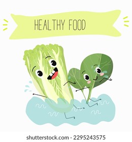 Illustration with funny characters Chinese cabbage, lettuce,  cabbage, peking, spinach. Funny and healthy food. Vitamins, salad, cute face food, ingredients, vegetarian, vector cartoon, agriculture.