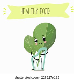 Illustration with funny characters Chinese cabbage, lettuce,  cabbage, peking, spinach. Funny and healthy food. Vitamins, salad, cute face food, ingredients, vegetarian, vector cartoon, agriculture.