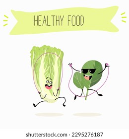 Illustration with funny characters Chinese cabbage, lettuce,  cabbage, peking, spinach. Funny and healthy food. Vitamins, salad, cute face food, ingredients, vegetarian, vector cartoon, agriculture.