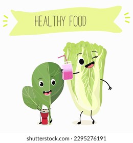 Illustration with funny characters Chinese cabbage, lettuce,  cabbage, peking, spinach. Funny and healthy food. Vitamins, salad, cute face food, ingredients, vegetarian, vector cartoon, agriculture.