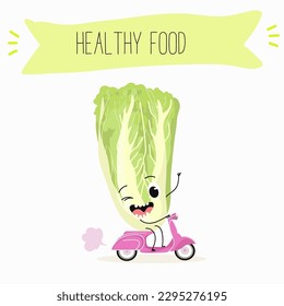 Illustration with funny characters Chinese cabbage, lettuce,  cabbage, peking, spinach. Funny and healthy food. Vitamins, salad, cute face food, ingredients, vegetarian, vector cartoon, agriculture.