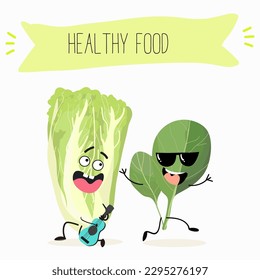 Illustration with funny characters Chinese cabbage, lettuce,  cabbage, peking, spinach. Funny and healthy food. Vitamins, salad, cute face food, ingredients, vegetarian, vector cartoon, agriculture.